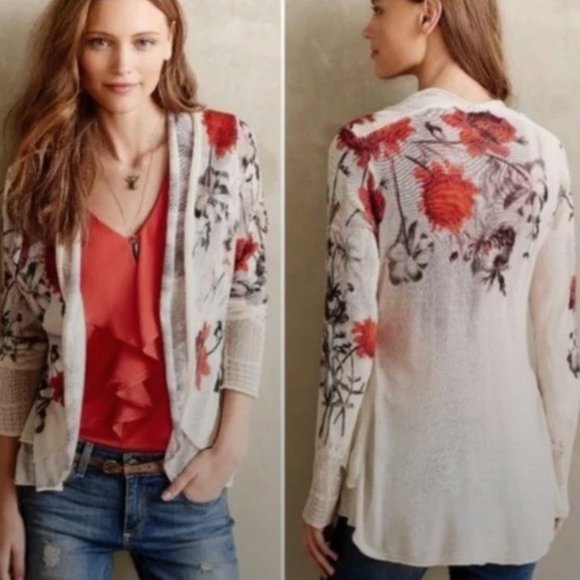 Anthropologie Sweaters - Anthropologie Knitted & Knotted Floral Print Open Cardigan Ruffle Sweater Size S